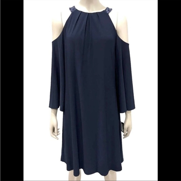 Lauren Ralph Lauren Sequin Trim Cold Shoulder Cocktail Dress Navy Blue sz 16 - Picture 1 of 6